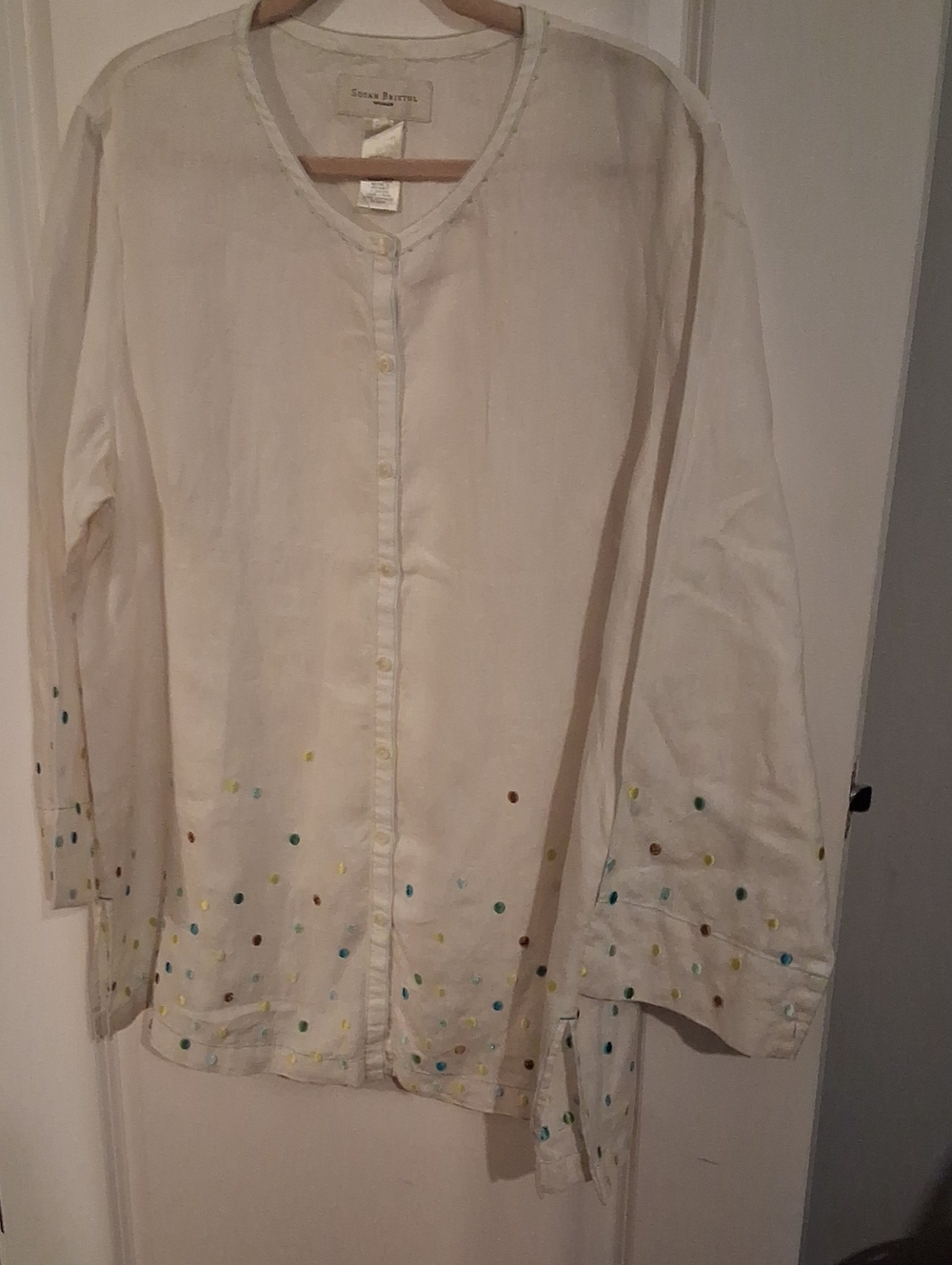 Eileen Fisher White Button-Down Top with Multicolor Dot Detail